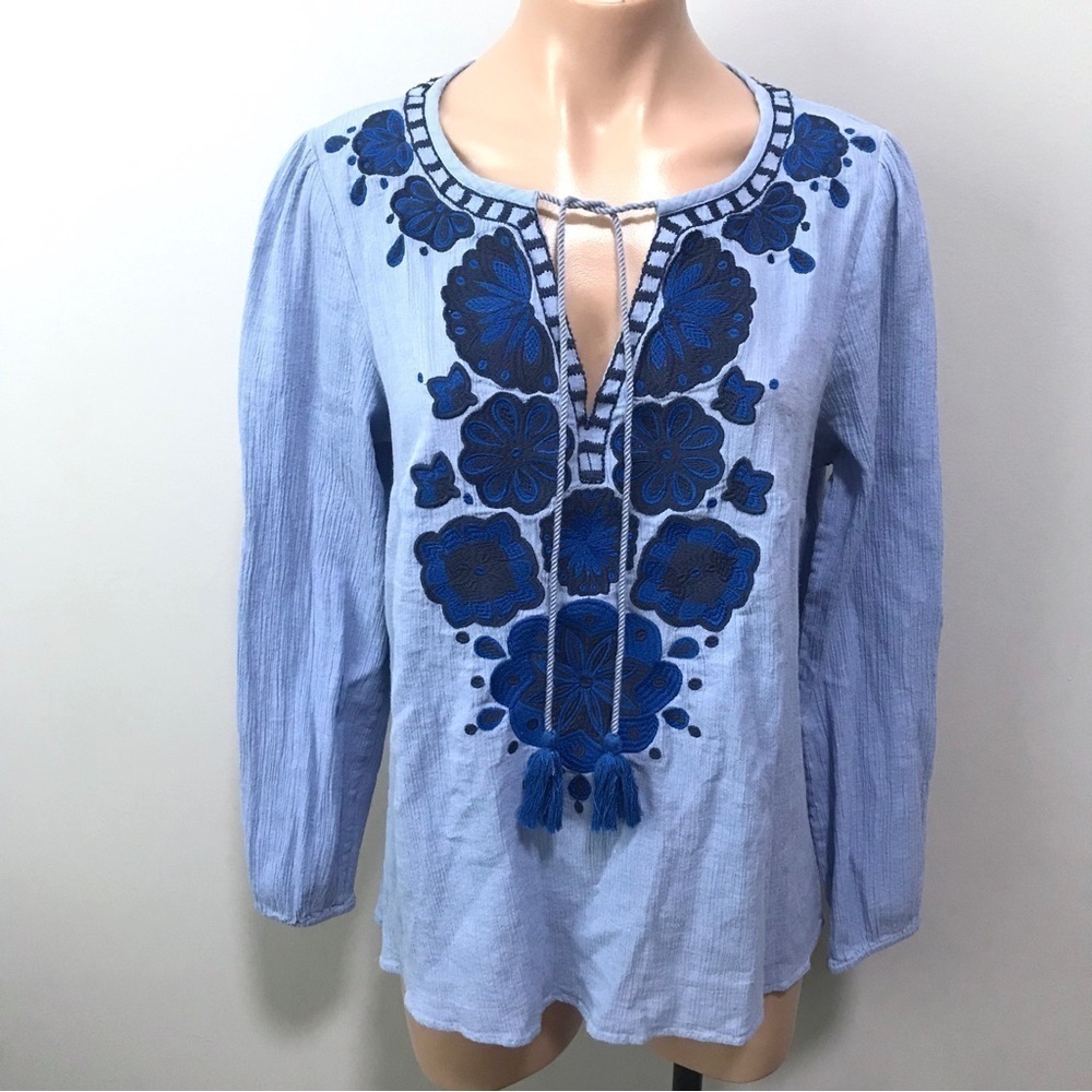 Boden Allegra Embroidered Blue Top Size 10 Tassel Tie - Picture 2 of 6